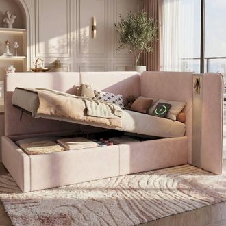 Matteo Daybed - Pink Velvet Hydraulic Storage with USB & Lamp - Single Bed