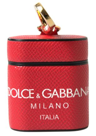 Dolce & Gabbana Womens Red Leather Gold Tone Metal Logo Print Airpods Case Accessory