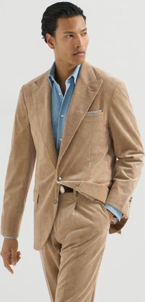 Brunello Cucinelli Comfort cotton and cashmere corduroy deconstructed blazer with large peak lapels and metal buttons in Camel at Nordstrom, Size 50