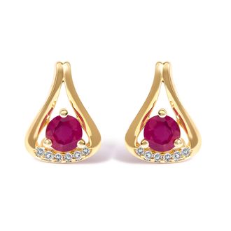 House of Brilliance 14K Yellow Gold Red Ruby and Diamond Accent Teardrop Stud Earrings