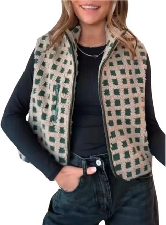 Generic Womens Checkered Sherpa Vests,Winter Fleece High Neck Zip Up Gilet,Sleeveless Fall Plaid Windbreaker with Chest Pocket (UK, Alpha, S, Regular, Regular
