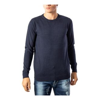 Jack & Jones Blauwe Effen Gebreide Trui Lange Mouwen Katoen - Heren - Ronde hals truien - Blauw - S - Katoen - Truien & Vesten