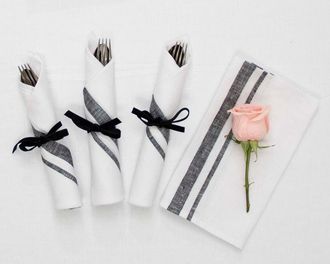 Solino Home Linen Dinner Napkins Set of 4, 20 x 20 Inch for Dining Table, Holiday and Everyday Table Decor - French Stripe in Black And White at