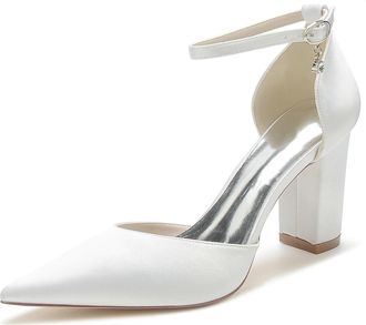 Minitoo Shoes for Women for Wedding Block Heel Pointed Toe Occasions Pumps with Ankle Strap BR137 White UK 4.5