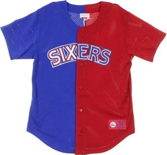 Mitchell & Ness T -stuk split mesh knop vooraan phi 76e - Heren - T-shirts - Blauw - XL - Tops