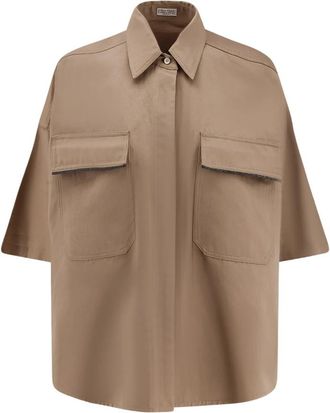 Brunello Cucinelli Monili Shirt met korte mouwen - Dames - Overhemden - Bruin - S - Katoen - Overhemden
