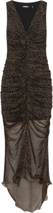 Rotate Brown Ruched Draped Leopard Print Midi Dress