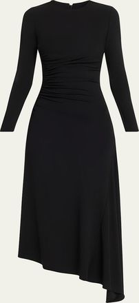 Michael Kors Ruched Long-Sleeve Asymmetric Midi Dress