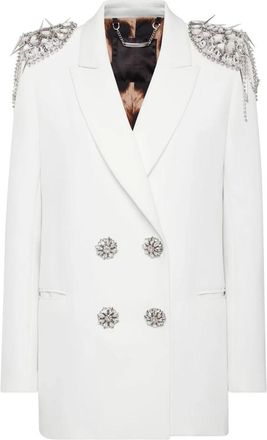 Philipp Plein Double-Breasted Blazer met Kristallen - Dames - Blazers - Wit - L - Leer - Jassen