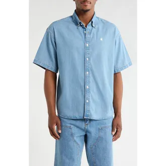 Carhartt Work in Progress Lucas Short Sleeve Cotton Denim Button-Down Shirt in Light Blue at Nordstrom, Size Xx-Large