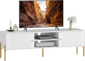 OEM Mueble De Tv Moderno Con 2 Puertas 2 Estantes Abiertos Orificios Pasacables Para Tv 65 Pulgadas 140x38x45,9 Cm Blanco