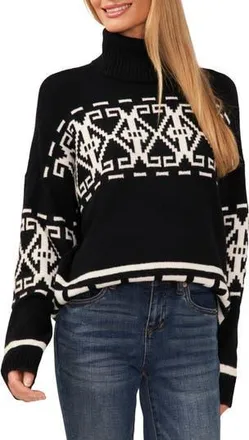 CeCe by Cynthia Steffe Fair Isle Turtleneck Sweater in Rich Black at Nordstrom Rack, Size Xx-Large