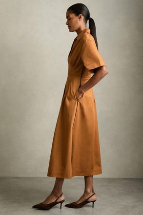 Reiss Womens Brown Cotton Pleated Waist Midi Dress, Size: 6