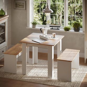 Vicco Set De Mesa De Comedor Sentio, Roble Blanco/dorado, 80 X 80 Cm Con 2 Bancos