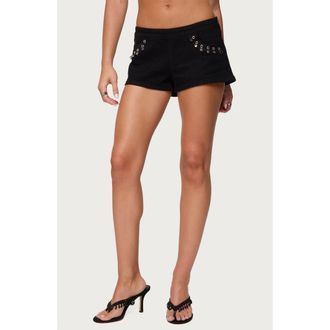 Edikted Grommet Charm Denim Micro Shorts in Black at Nordstrom, Size X-Small
