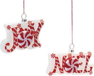 Melrose International Glass Peppermint Joy and Noel Ornament (Set of 6) - Red, White