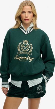 Superdry Sweatshirt SUPERDRY COUNTRY CLUB LOOSE V SWEAT, Damen, Gr. XL, schwarz pine gr&uuml;n, Sweatware, Obermaterial: 70% Baumwolle, 30% Polyester, bedruckt, rel
