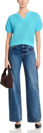 French Connection Remy Cotton Blend V-Neck Top In Blue Lagoon