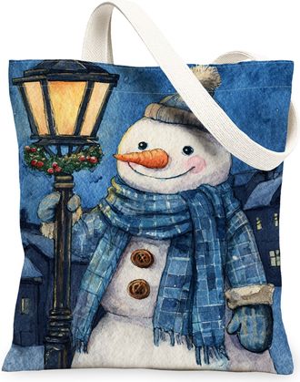 Generic Winter Snow Man Canvas Tote Bags, Snow Man Lantern Pattern Reusable Grocery Bags, Vintage Lightweight Washable Canvas for Travel Beach 13x15 Inch