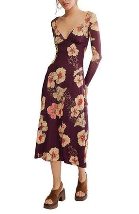 Free People Calla Floral Long Sleeve Knit Midi Dress in Plum Combo at Nordstrom Rack, Size X-Large