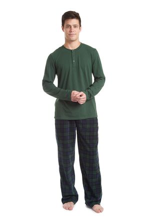 Cherokee Mens Pajama Set, Long Sleeve Cotton Top & Micro Fleece Pants, Breathable Cozy Loungewear, Green Plaid, XXL Plus