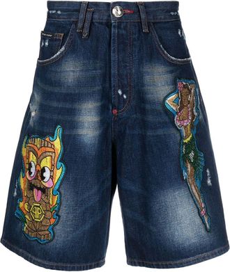 Philipp Plein patch-detail knee-length denim shorts - men - Cotton/Polyester/Cotton - 32 - Blue