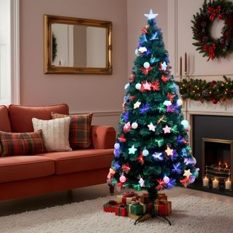 Shatchi 4Ft/120cm Pastel Stars & Baubles Fibre Optic Christmas Tree LED Pre-Lit in Green | Size: 4ft