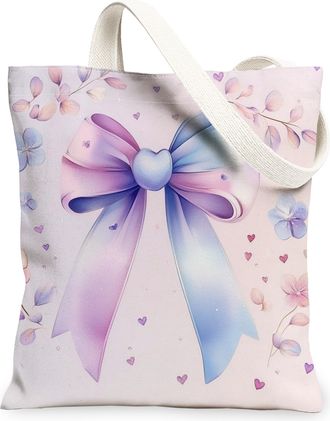 Generic Floral Bow Canvas Tote Bags, Elegant Flower Print Reusable Grocery Bags, Lightweight Washable Shoulder Strap Canvas for Travel Beach Picnic 13x15 Inch