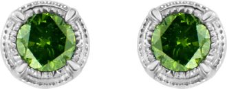 House of Brilliance Silver 1/4 Ct Treated Colored Diamond Solitaire Milgrain Stud Earrings in Green Diamond at Nordstrom
