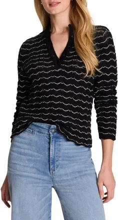 Nic+Zoe Scalloped Tuck Stitch Cotton Crop Sweater in Black Multi at Nordstrom, Size Xx-Large