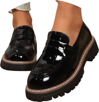 Generic Womens Loafers Comfortable Platform Penny Loafer Chunky Heel Business Casual Dress Shoes Fashion Patent Leather