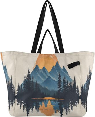 Generic Lake Trees Orange Sunset print Reusable Canvas Tote Bag, Heavy Duty Grocery Shopping Bag with Large Capacity Hard Bottom Double Handles Work Groceries