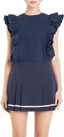 English Factory Poplin Ruffle Trim Knit Top in Navy at Nordstrom Rack, Size X-Small