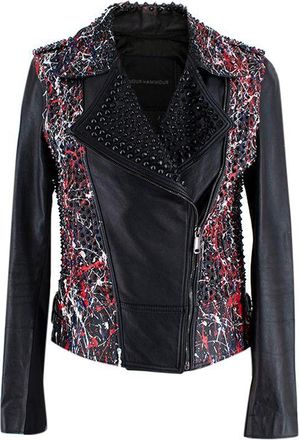 Nour Hammour Black Leather Studded Jacket With Paint Splatter Effect Size XXS