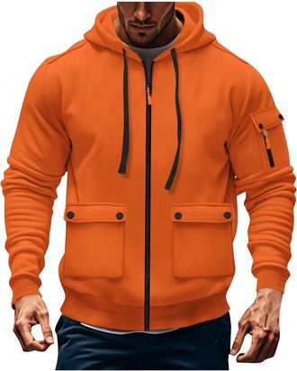 Generic MenS Orange Hoodies Zip Up Long Sleeve Casual Pullover Fleece Sweatshirts Gym Sports Outfits Hoody Zipped Jumper Tops Sweaters With Kangaroo Pockets X