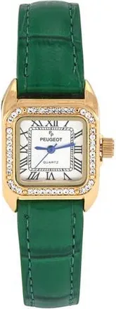 Peugeot Status Square Crystal Bezel Leather Watch - 34x24MM in Green at Nordstrom