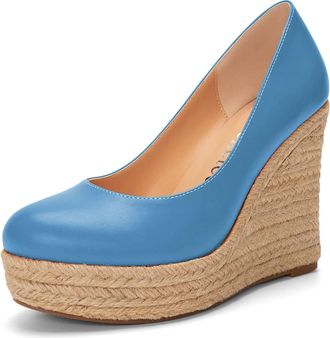 Castamere Women High Heel Wedge Platform Round Toe Pumps Court Shoe Slip-on Classic Cute Office Shoes Blue Matte 5.5 UK