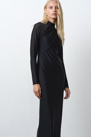 French Connection Womens Black Diamante High Neck Wrap Over Long Sleeve Jersey Midi Dress - Size X-Small
