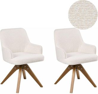 Beliani Set of 2 Boucle Swivel Dining Chairs Off-White Fabric Upholstery Metal Rotating Wooden Legs Base SYLVANIA