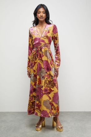 Oasis Womens Burnout Velvet Plunge Neck Waisted Midi Dress - Yellow - Size 14 UK