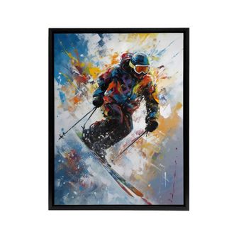 Artery8 Skier Skiing Down Slope Colourful Framed Canvas Wall Art Print | Size: W24 x H32