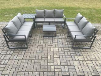 Fimous Aluminium 9 Seater Outdoor Garden Furniture Set Patio Lounge Sofa with Square Coffee Table Side Table Conservatory Set Dark Grey