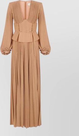 Elisabetta Franchi lurex jersey v-neck long-sleeve pleated maxi dress