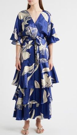 Ciebon Calix Floral Dot Jacquard Tiered Satin Maxi Dress in Navy Multi at Nordstrom Rack, Size X-Small