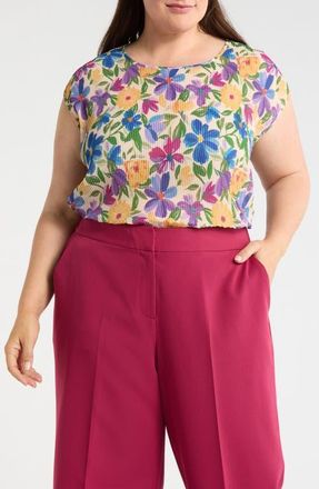 Tahari by ASL Floral Pliss&eacute; Cap Sleeve Top in Sand Berry Floral at Nordstrom, Size 3 X