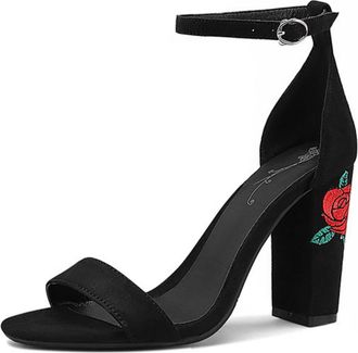 Generic Womens Open Toe Wedding Sandals Faux Suede Bridal Shoes with Embroidery Block High Heel Evening Party Prom Pumps,Black,2.5 UK