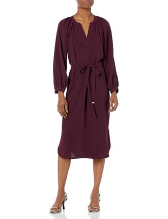 Tommy Hilfiger Womens Midi Woven Long Sleeve V-Neck Dress, Winetasting, 14
