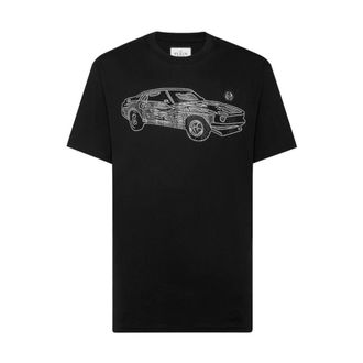 Philipp Plein T-Shirts, male, Black, S, Jersey T-shirt Round Neck SS Strass Cars Racing