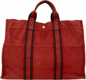Herm&egrave;s Red Color Canvas Tote Bag (Pre-Owned)