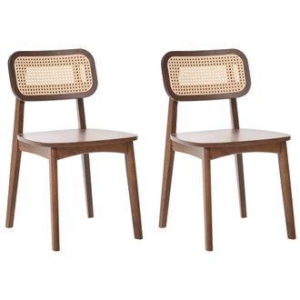 Beliani Conjunto De 2 Sillas De Comedor Sin Brazos Con Respaldo De Rat&aacute;n Trenzado Y Asiento De Madera De Caucho Marr&oacute;n Keno